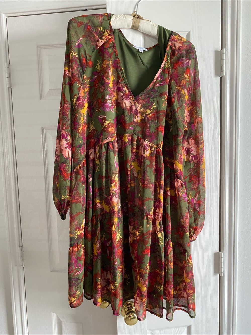 Olive Floral V-Neck Long Sleeve Dress